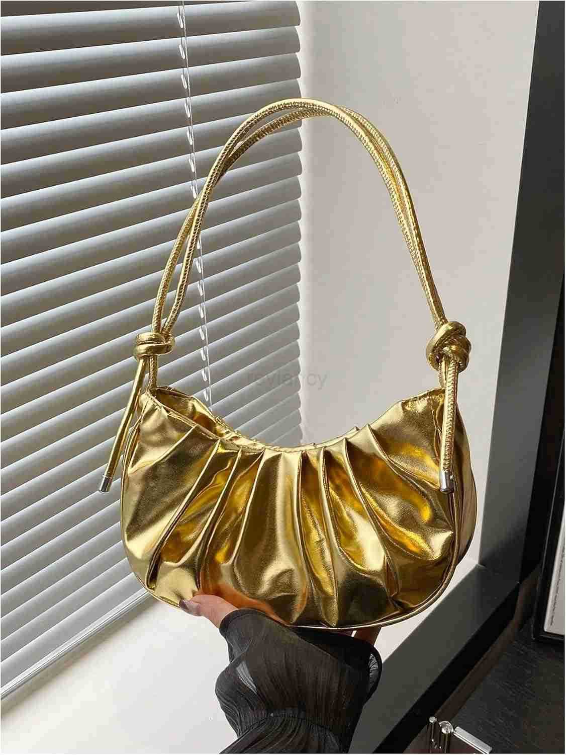 Womens Gold Purse Ruched Metallic Shoulder Handbags Top Handle Underarm BagW250913