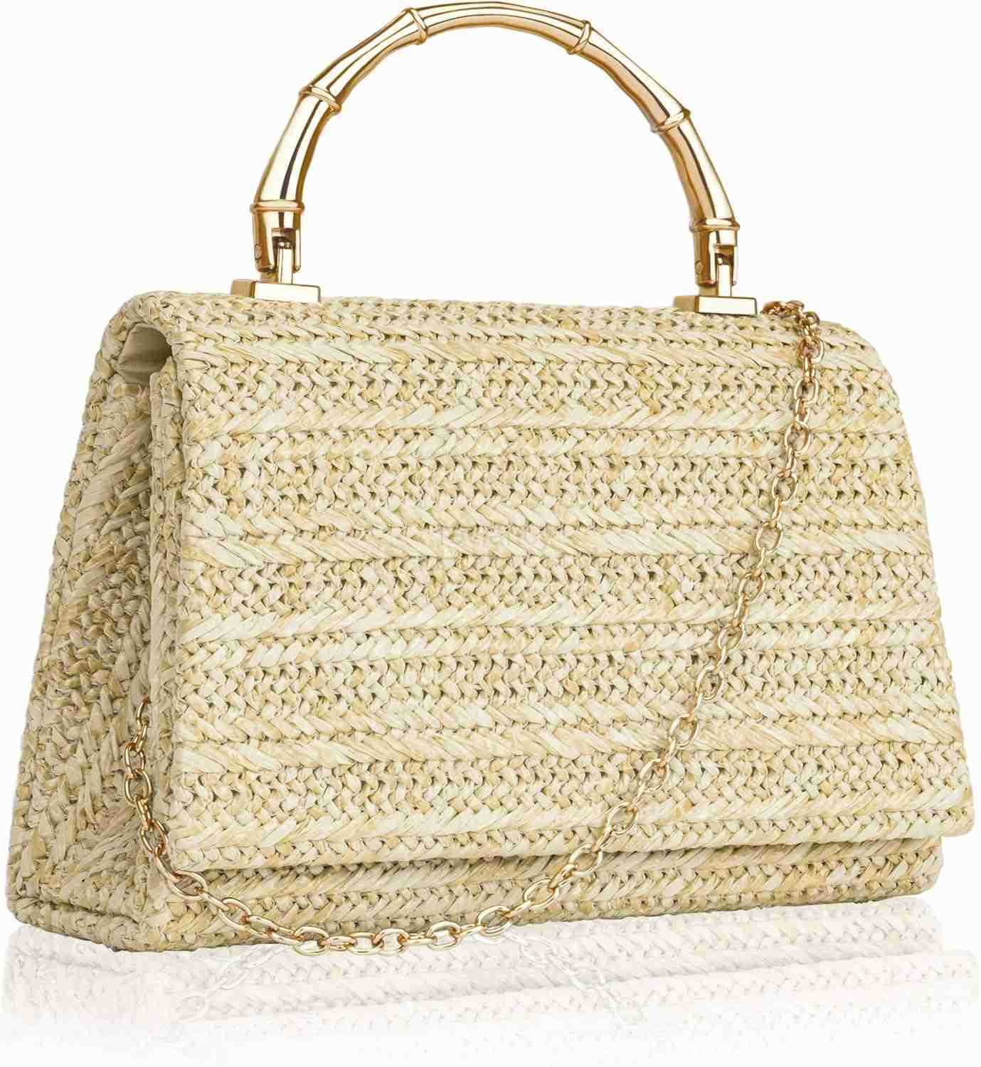 Straw Purses for Women Summer Woven TopHandle Evening Handbags wBamboo Handle Chain Strap Small Boho Beach Clutch Crossbody Party Bags for Wedding Coc