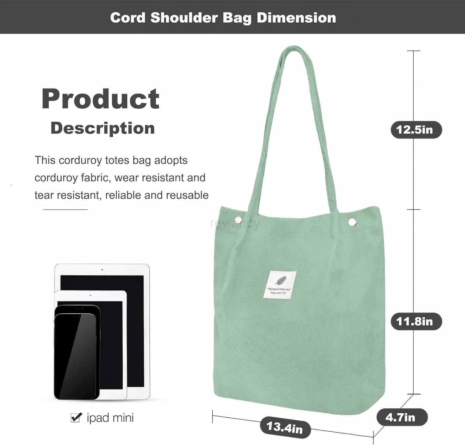 Corduroy Tote Bag for Women Canvas Shoulder Purse Cord Handy Bag with Inner PocketW250913