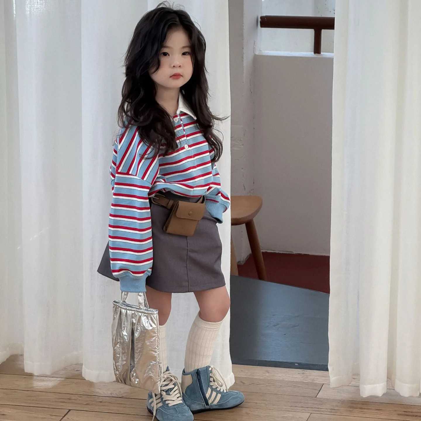 Girls Suit 2025 Autumn New Childrens Clothing Korean Style Girl Baby Print Stripe Retro Stripe Hoodie Bag Hip Skirt Two Sets C250913