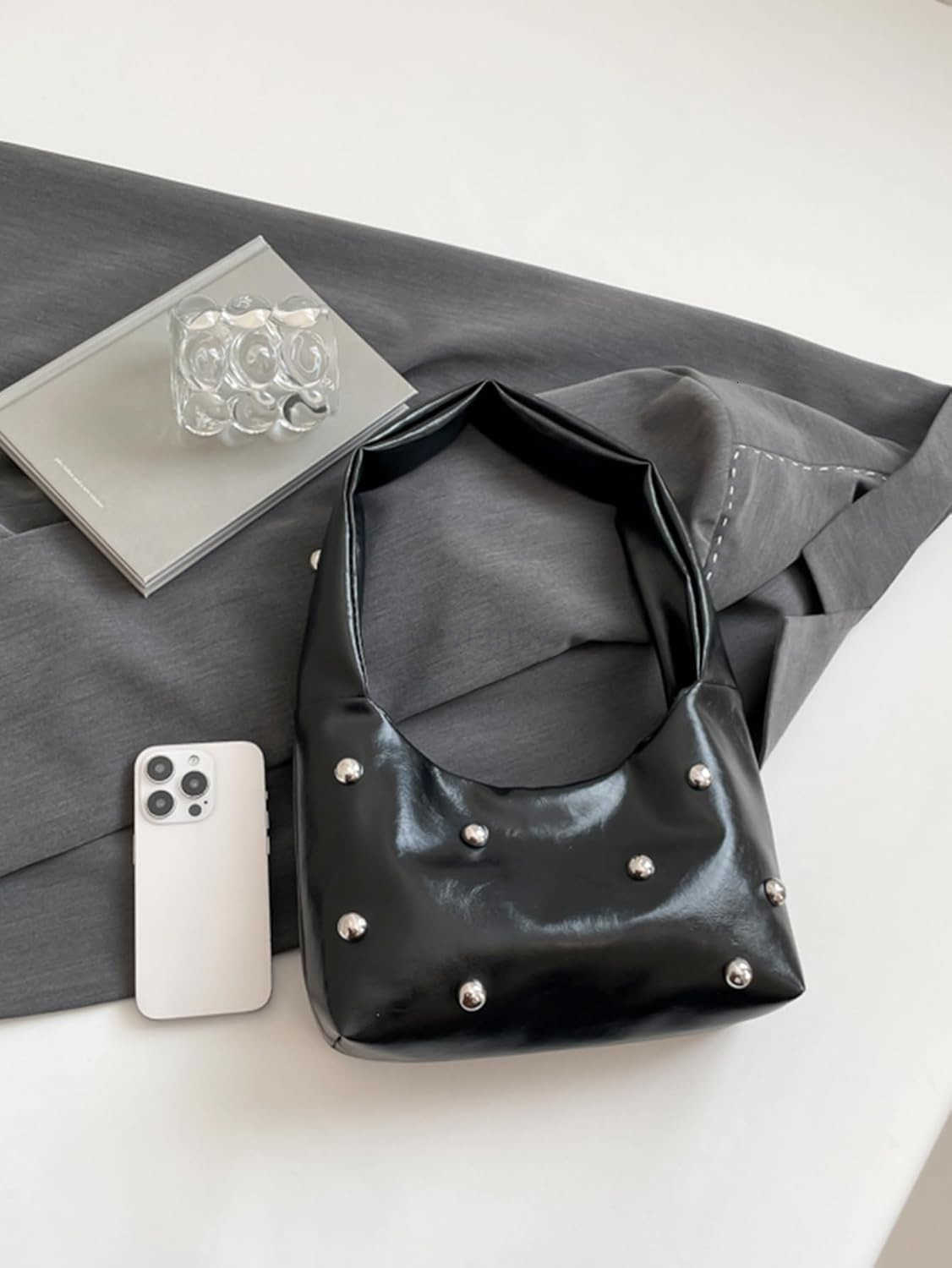 Womens Punk Studded PU Leather Shoulder Bag Top Handle Underarm HandbagsW250913