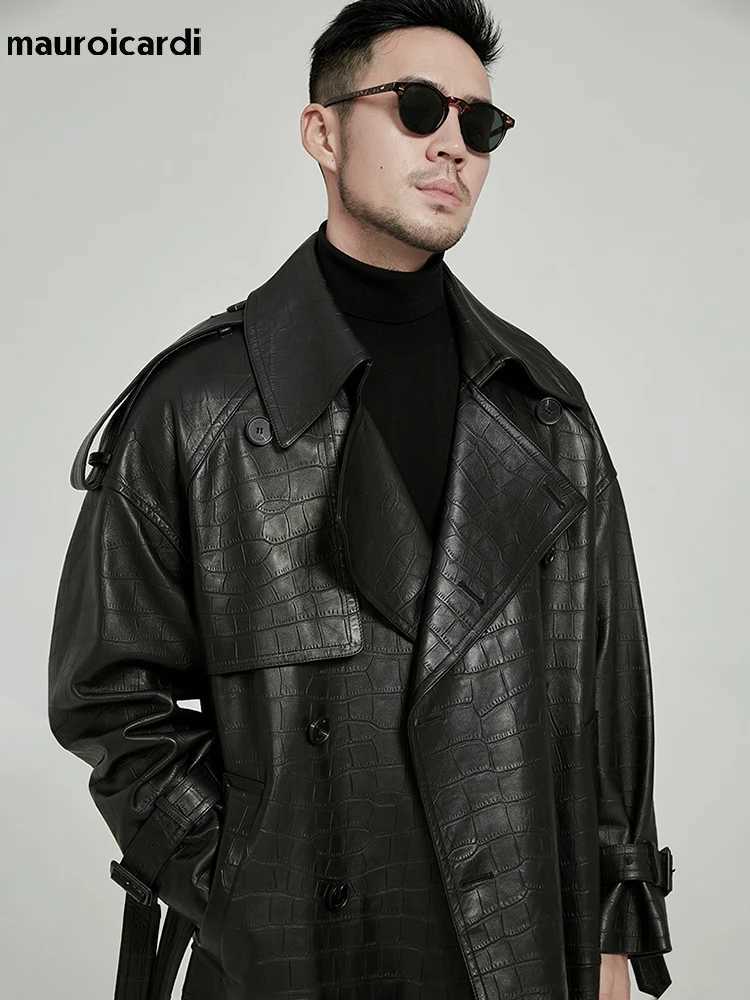Mauroicardi Spring Autumn Long Black Crocodile Print Pu Leather Trench Coat Men Belt Double Breaste Runway European Fashion 2023 W250913