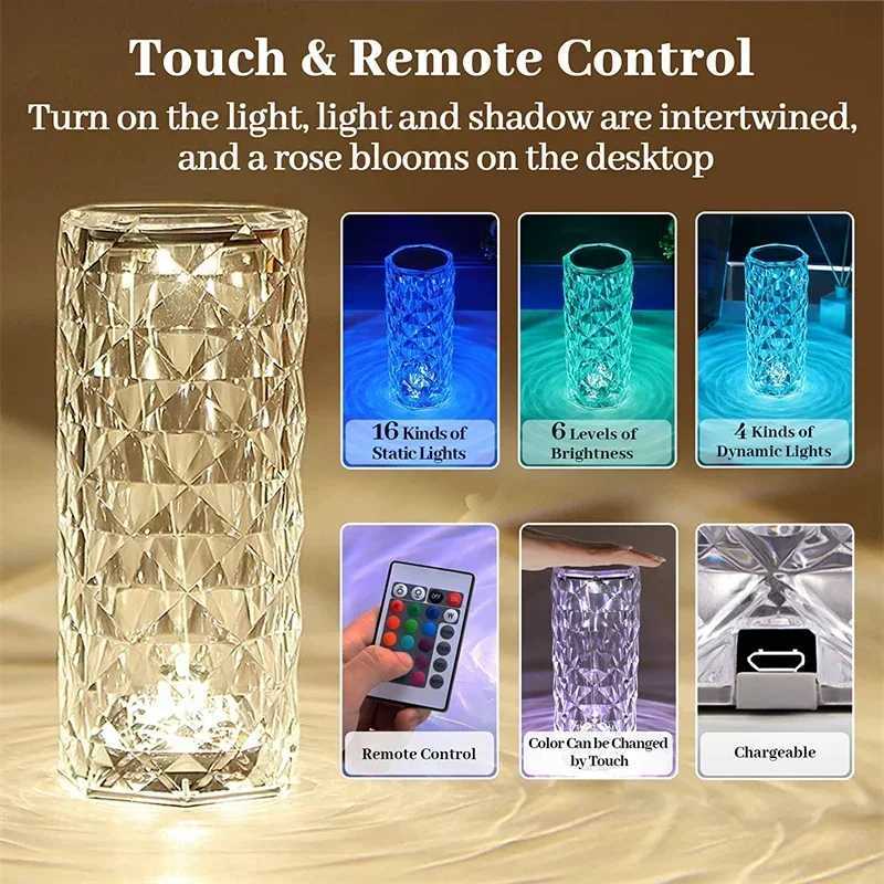 LED Crystal Table Lamp Rose Light Projector 16 Colors Touch Night Light Romantic Diamond Atmosphere Light for Home Bar Decor C250913
