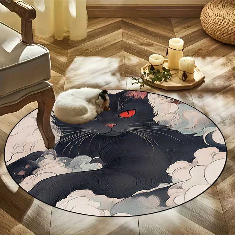 1pc round rug in crystal velvet fabric with black cat pattern suitable for entryway living room bedroom terrace and garden C250913