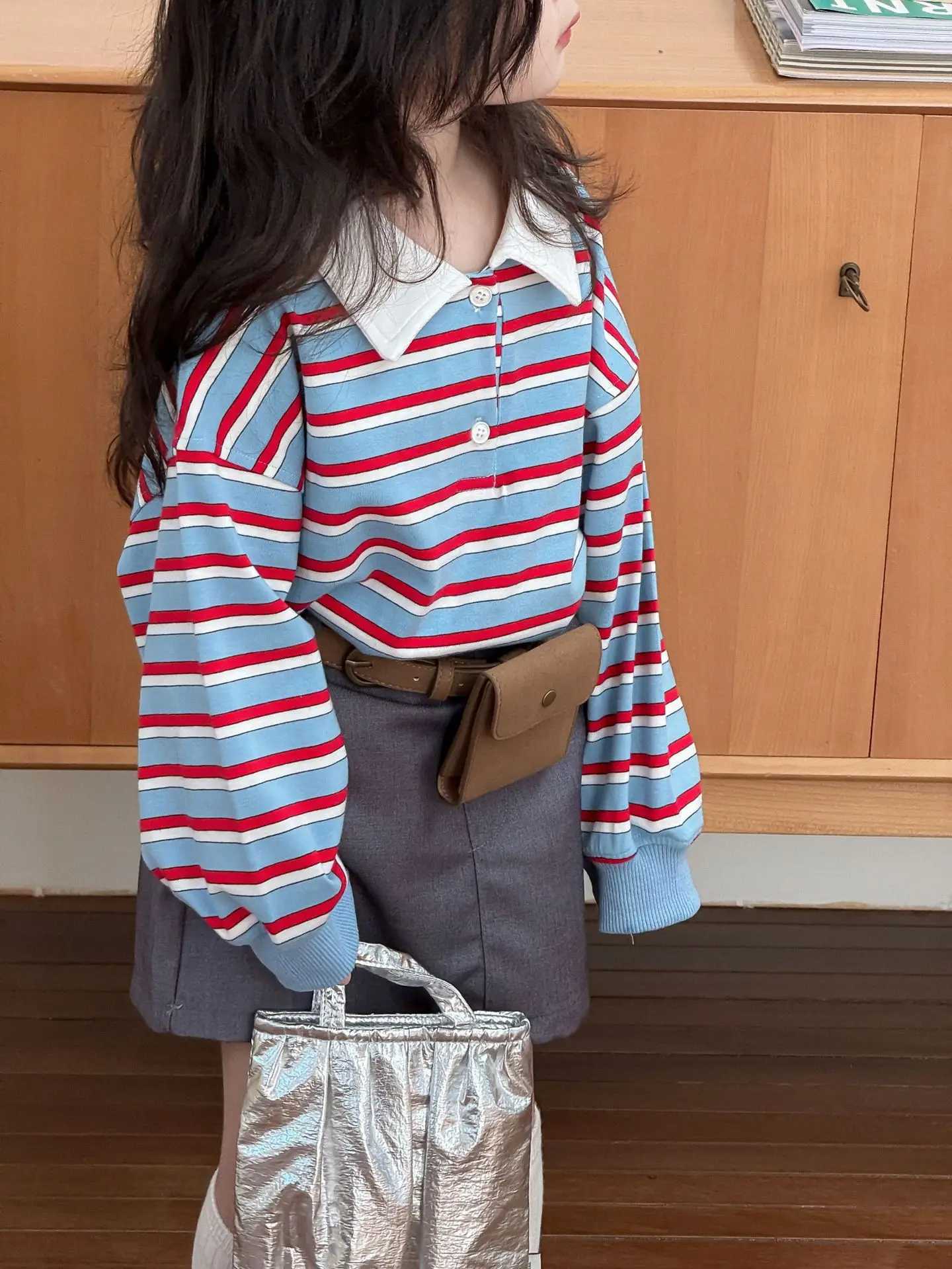 Girls Suit 2025 Autumn New Childrens Clothing Korean Style Girl Baby Print Stripe Retro Stripe Hoodie Bag Hip Skirt Two Sets C250913