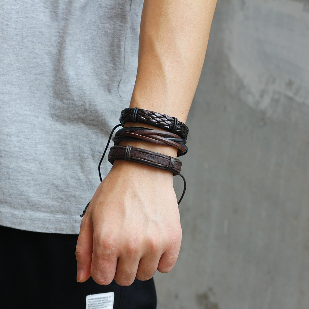Minimalist Woven with Metal Tag Trendy Men's Leather Multi-layer Set Bracelet Jewelry ddmymoon
