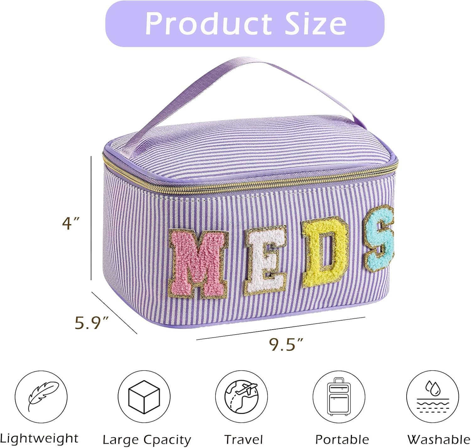 Personalized Chenille Letter Seersucker MEDS Makeup BagLarge Size Medicine RX Cosmetic Bag with Top Handle First Aid Travel Organizer Bag for Women Gi
