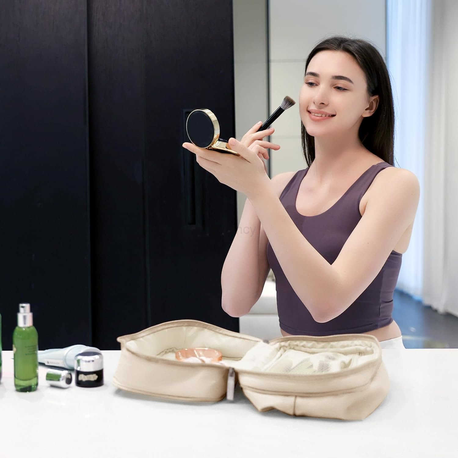 Travel Cosmetic Bag Women Portable Makeup Case Organizer Wideopen Toiletry Pouch for Cosmetics Toiletries khakiW250913