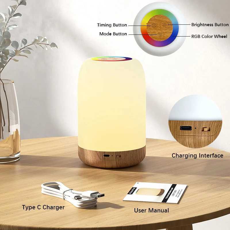 LED Touch Lamp with Dimmable RGB ColourWood Grain Table Lamp Timing FunctionUSB Rechargeable Night Lightfor Bedroom Kids Deco C250913
