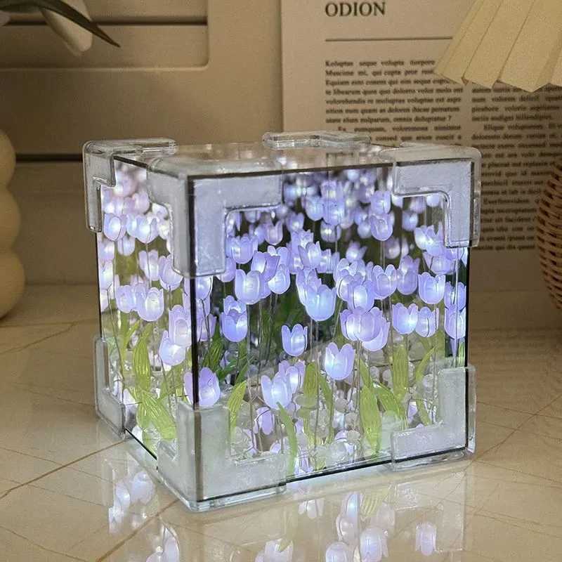 DIY Tulip Mirror Cube Lamp Simulation Flower Bedroom Sleeping Table Lamp Handmade Craft Tulips Mirror Night Light Birthday Gift C251122