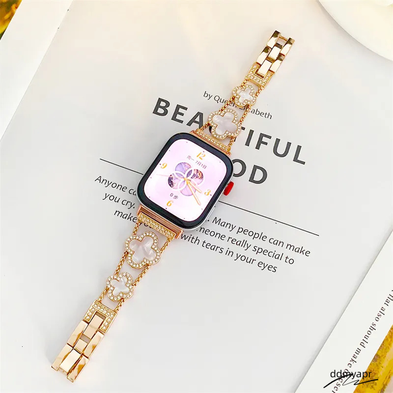 Four Leaf Clover Apple Watch 40Mm 44Mm 42Mm 45Mm 49Mm 46Mm Women Flowers Metal Bracelet For Iwatch Series 10 9 8 7 6 5 4 3 SE Ultra 2 Dia Smart Straps