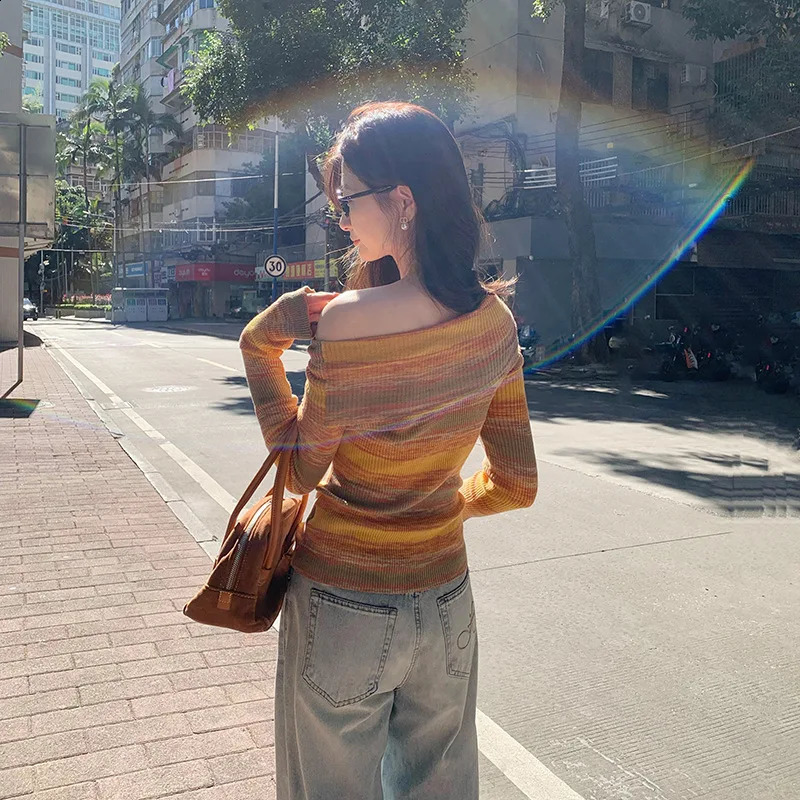 Colorful Striped One Shoulder Knit Sweater With Wool Inside Womens Slim Fit And Slimming Base Shirt Top 250912