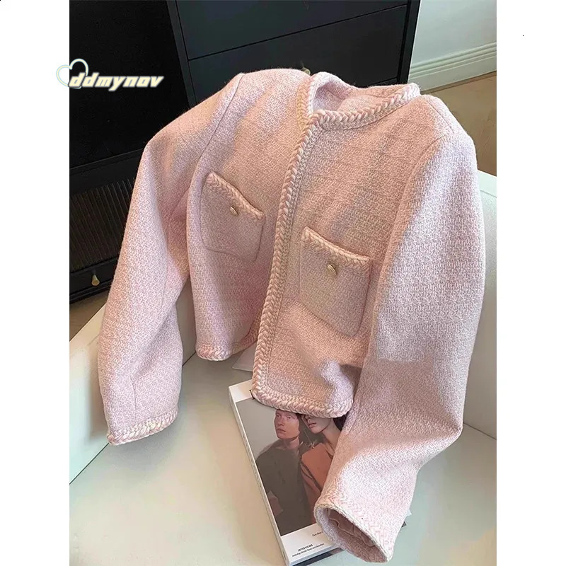 Elegant Tweed Jacket Women Sweet Cropped Pink Coat Winter Korean Single Breasted Blazer Ladies Vintage Short Outerwear 240821 ddmynov