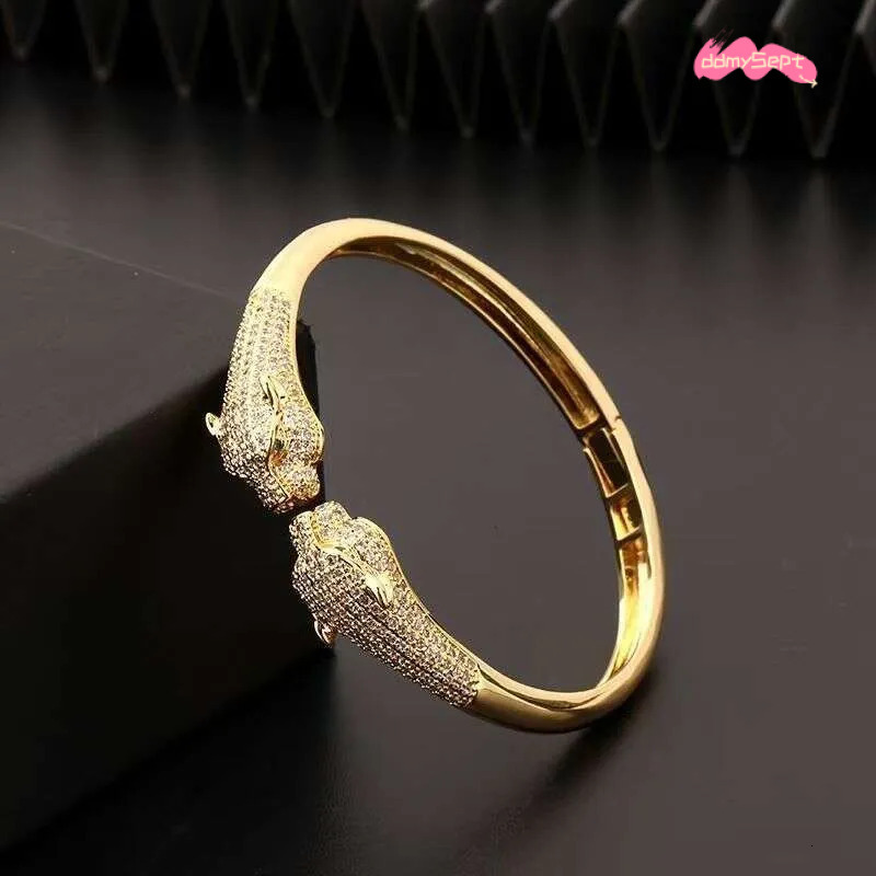 Leopard Print Open Cuff Bracelet - Gold Plated Hip Hop Bangle with Zircon Stones | Animal Jewelry for Women & Men ddmythur