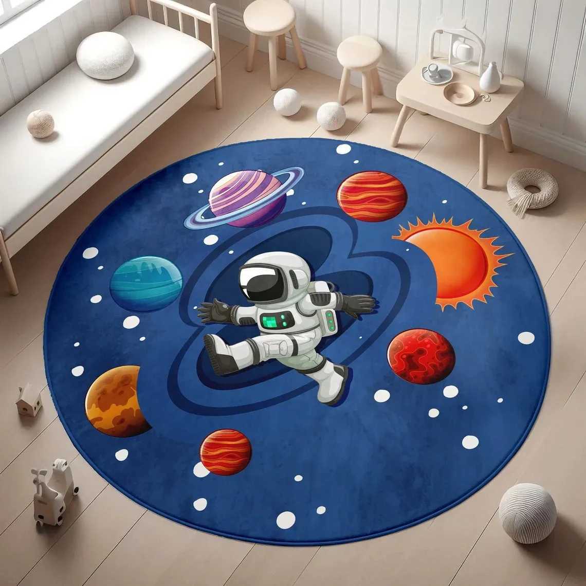 Planets Print CarpetAstronauts Playmat for Kids Room RugSpace Anti Slip MatNonSlip Home living room Circle Rug Door Mat C250913