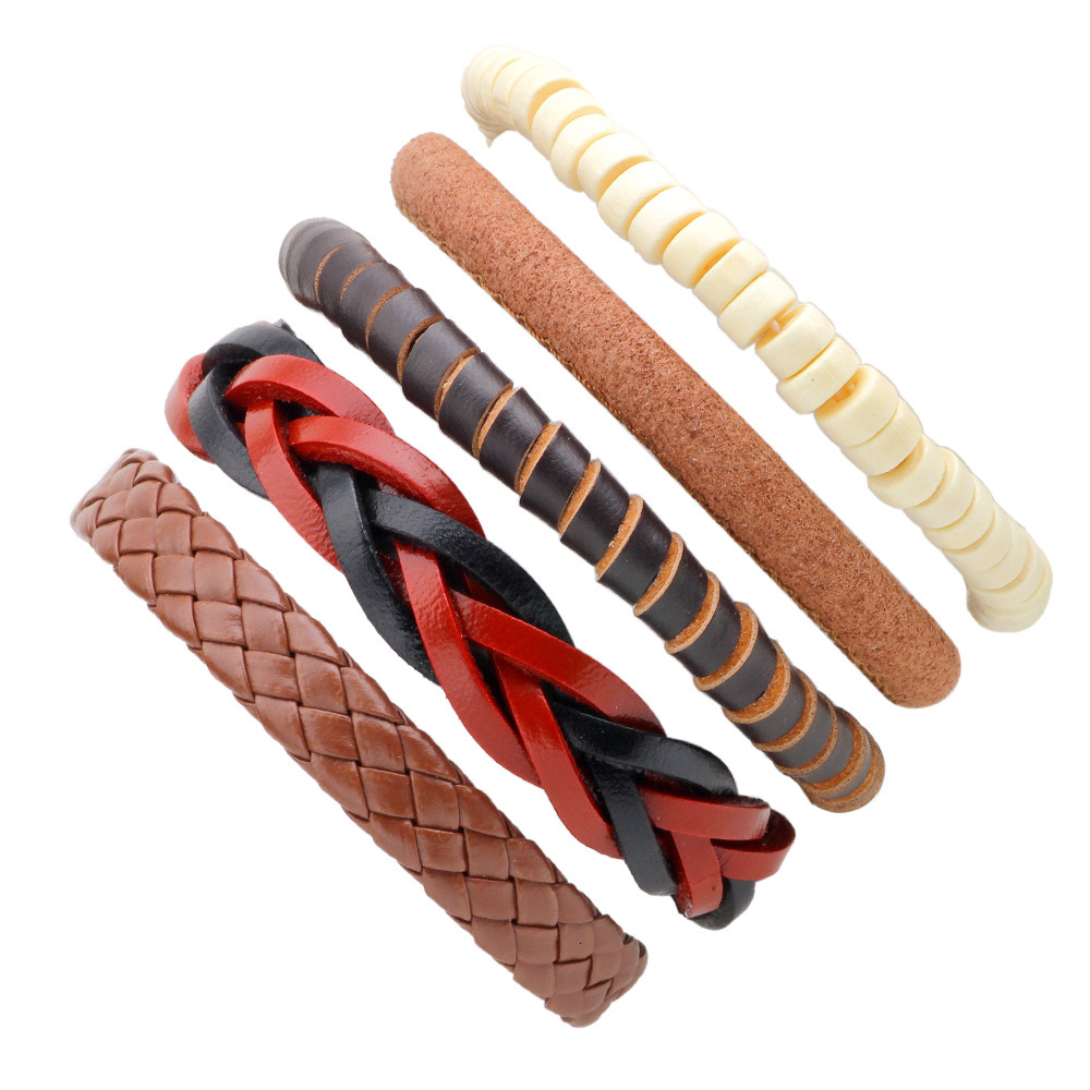 Set of Wooden Bead Bracelets Simple Personality Beaded Genuine Leather Bracelet PU Braided Rope Adjustable Jewelry for Men ddmymoon