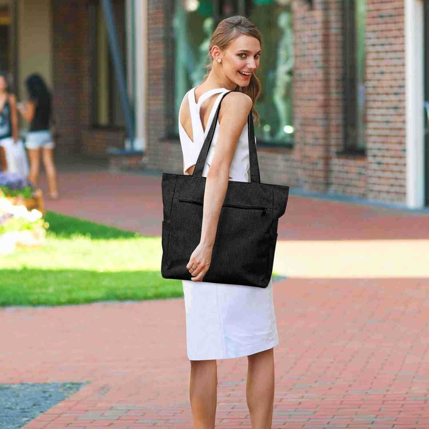 Corduroy Tote Bag for Women with Zipper Large Shoulder Bag Handbag for Work School Shopping Travel Gym VacationW250912