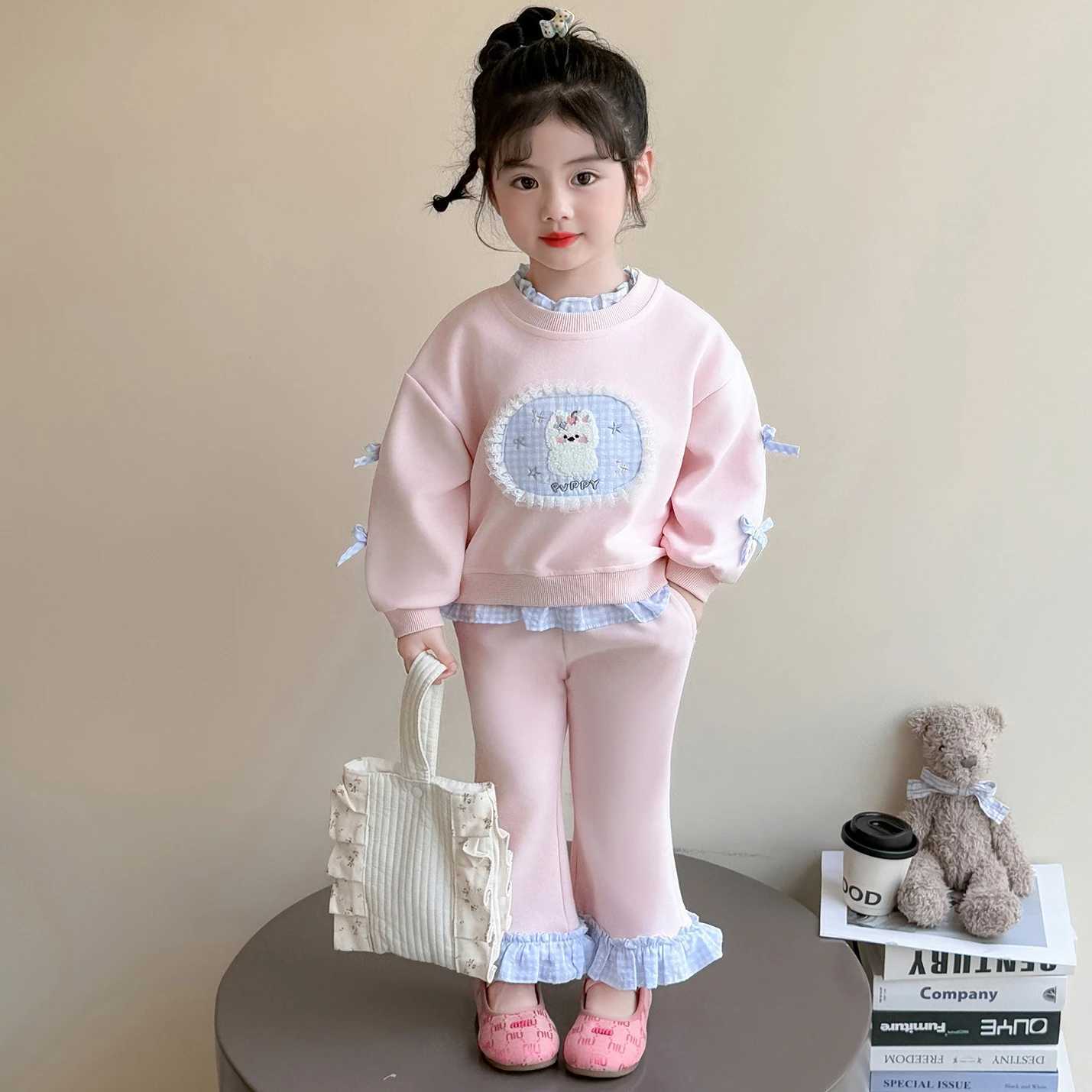 Girls Suit 2025 Autumn New Childrens Clothes Girls Baby Fashion Plaid Lace Cartoon Hoodie Twopiece Set Casual Simple C250913