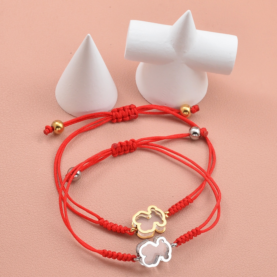Fashion Women Men Silver Rose Gold Bear Stainless Steel Cartoon Animal Hollow Double Layer Red Black Weave Rope Bracelets Jewelry Pulsera Gift