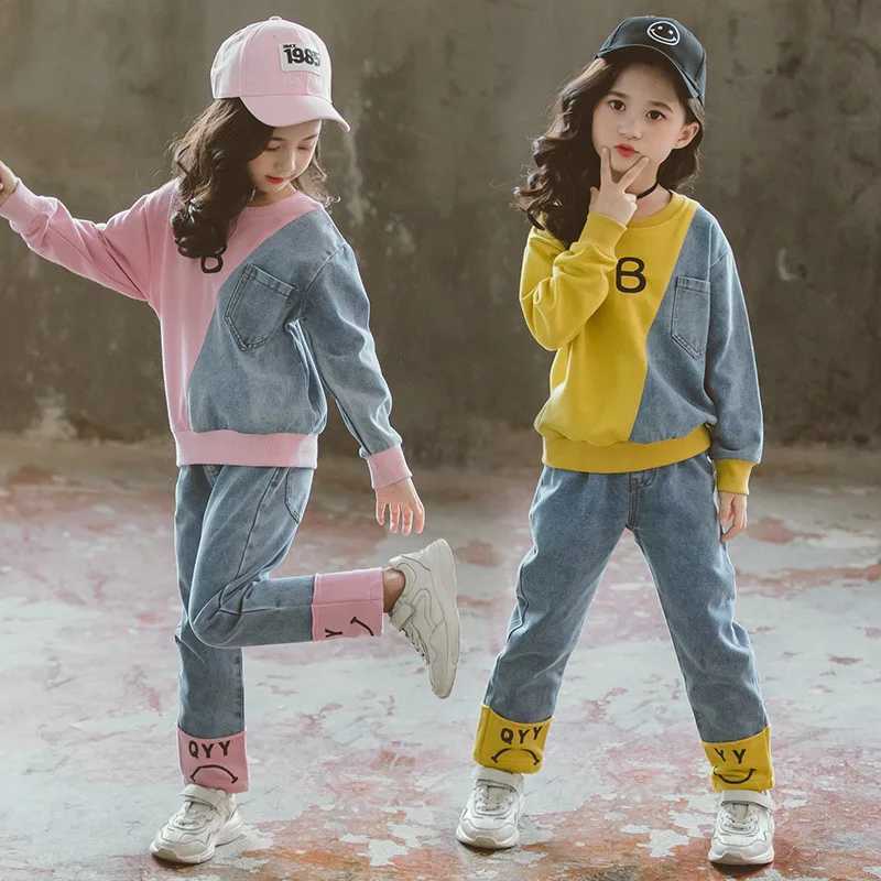 Baby and Girls Cotton Contrast Patchwork Alphabet SweatshirtDenim Pant Workout Set School Kids Tracksuit Child Outfit 314 Yrs C250913