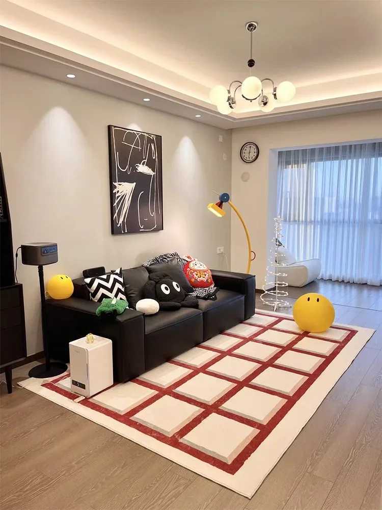 Red White Plaid Carpet Minimalist Pink 3D Checkerboard Rugs Geometric Art Luxury Living Room Carpet Comfortable Soft Bedroom Rug C250913