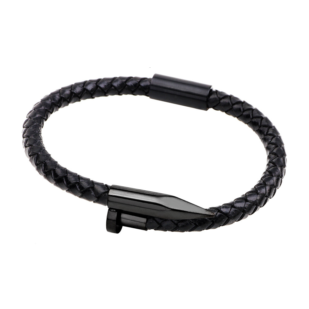 Premium Nail Bracelet Woven Cowhide Stainless Bangle Simple Punk Style Titanium Steel Men's Jewelry ddmymoon