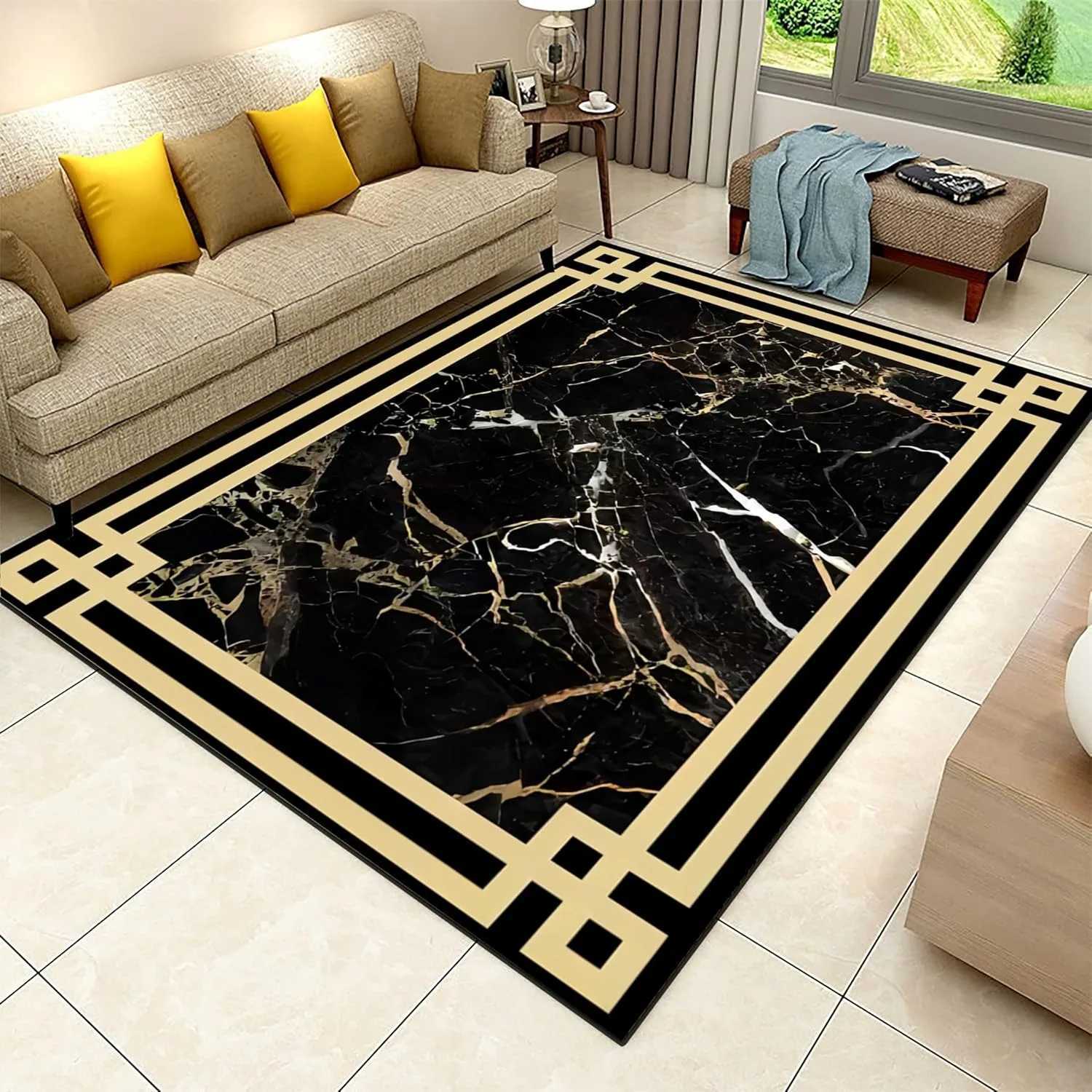 Black Gold Marble Area Rug Modern Abstract Geometric Rug NonSlip Soft Floor Carpet Decor for Home Living Room Bedroom Office C250913
