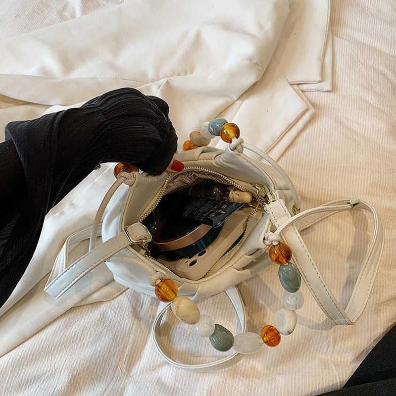 Women Top Handle with Colorful Beads Handbag Classic Soft Vegan Leather with Detachable Shoulder Strap SmallW250913