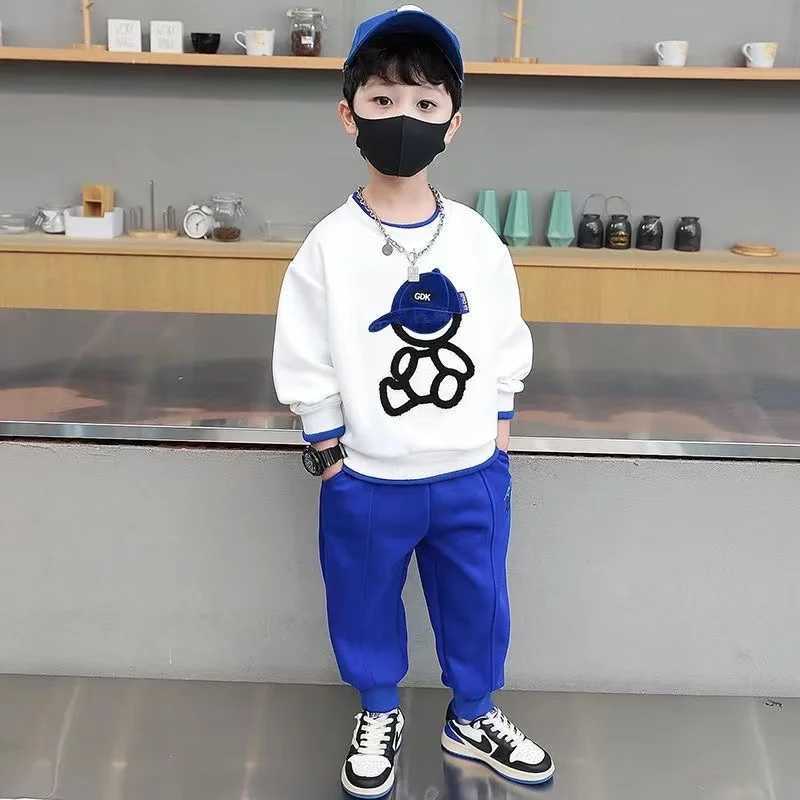 Teenage Boy Clothes Children Girl fake two pieces Sweater Pullover And pants Set kid Embroidery Cartoon Bear Top Bottom Suit C250913