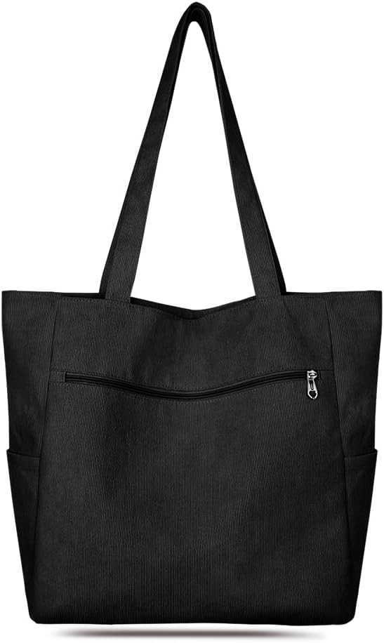 Corduroy Tote Bag for Women with Zipper Large Shoulder Bag Handbag for Work School Shopping Travel Gym VacationW250912