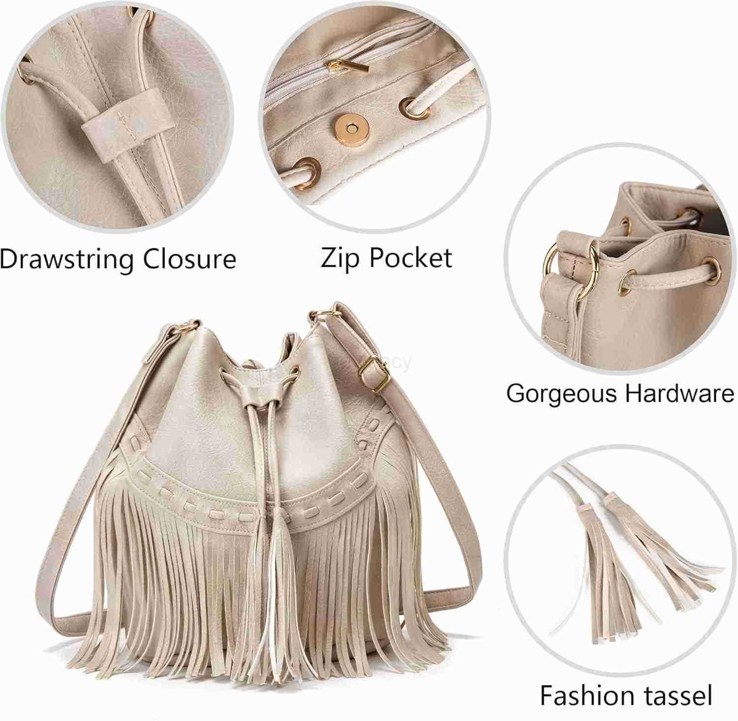 Bags for Women Crossbody Fringe Purses with Drawstring Ladies Tassel Hobo and Shoulder HandbagsW250913