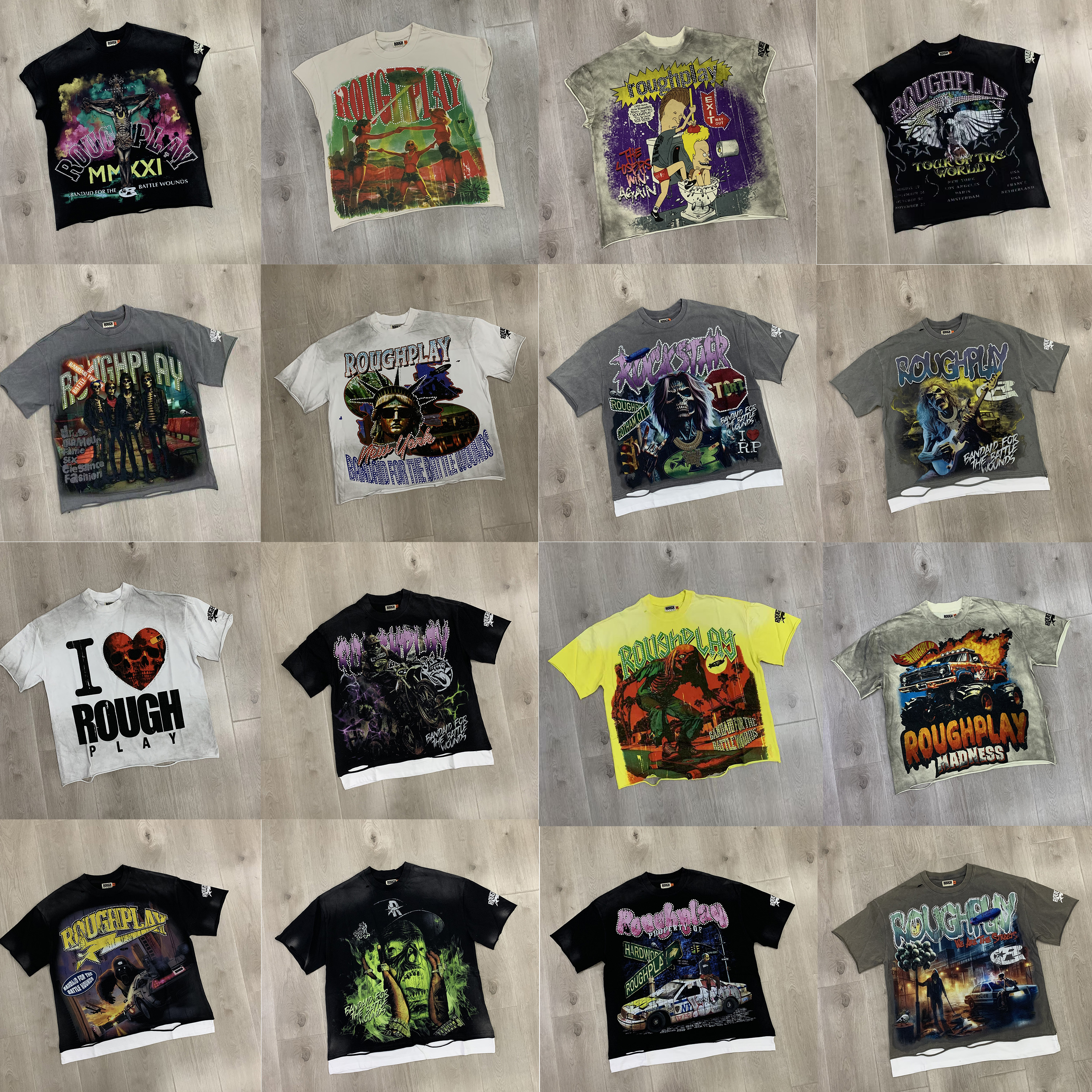 RoughPlay designer t shirt classic graphic tee mens shirt Vintage printed skull short sleeve wash water to make old cotton short sleeve