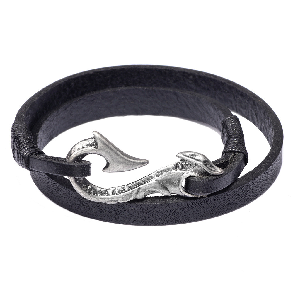Cowhide Hand-Cut Woven Cord Metal Fish Hook Alloy Electroplated Antique Sier Leather Bracelet ddmymoon