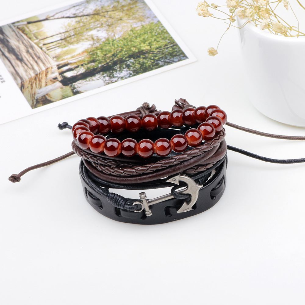 Qino New Navy Cowhide Multi-Strand Bracelet Handmade Woven Beaded National Style Jewelry Anchor Set for Men ddmymoon