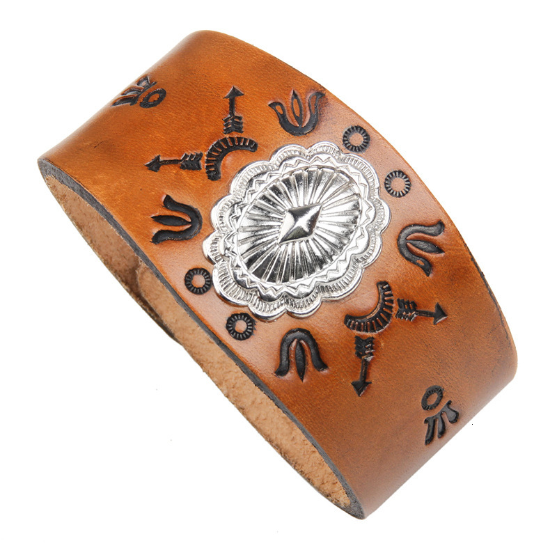 Temu Cowhide Punk Style Genuine Leather Exaggerated Emed Totem Bracelet Trendy Men's Essential ddmymoon