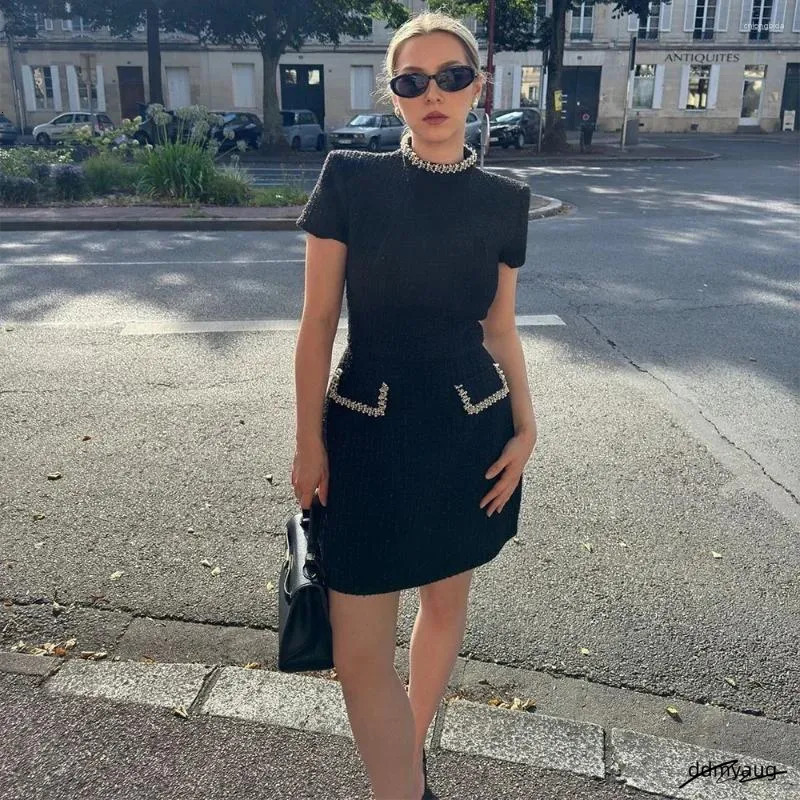 Two Piece Dress Talenza Women's Elegant Tweed A-Line Solid Slim Fit Short Sleeve Retro O-Neck Patchwork Evening ddmyAug