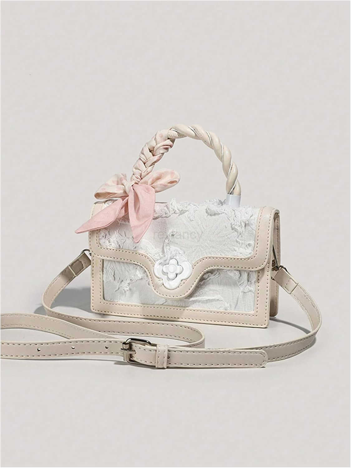 Womens Vintage Crossbody Bags Top Handle Square Flap Satchel Purses with RibbonW250913