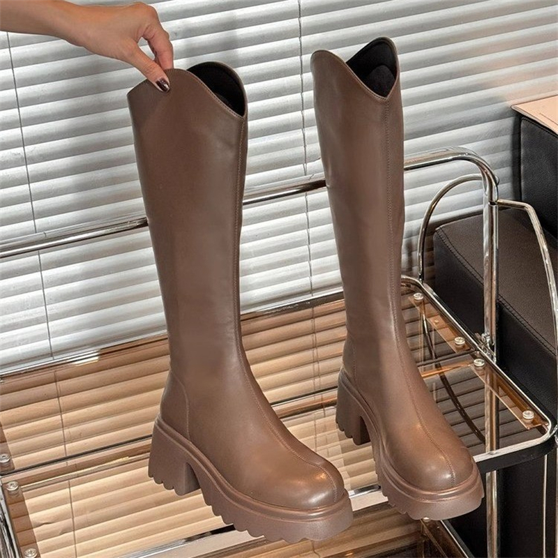 Free shipping designer high quality Versatile thick soled long boots women autumn winter short knight boots below knee high boots women