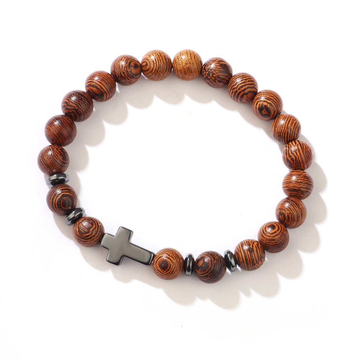 Black Gallstone Cross Beaded Men's Wood Grain Bracelet New Jewelry ddmymoon