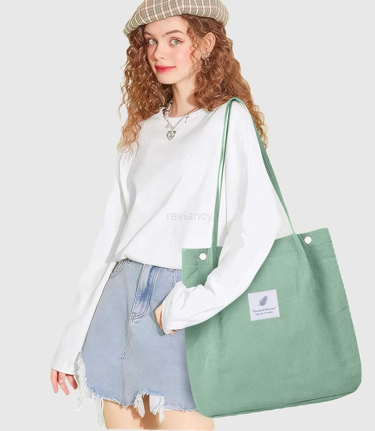 Corduroy Tote Bag for Women Canvas Shoulder Purse Cord Handy Bag with Inner PocketW250913