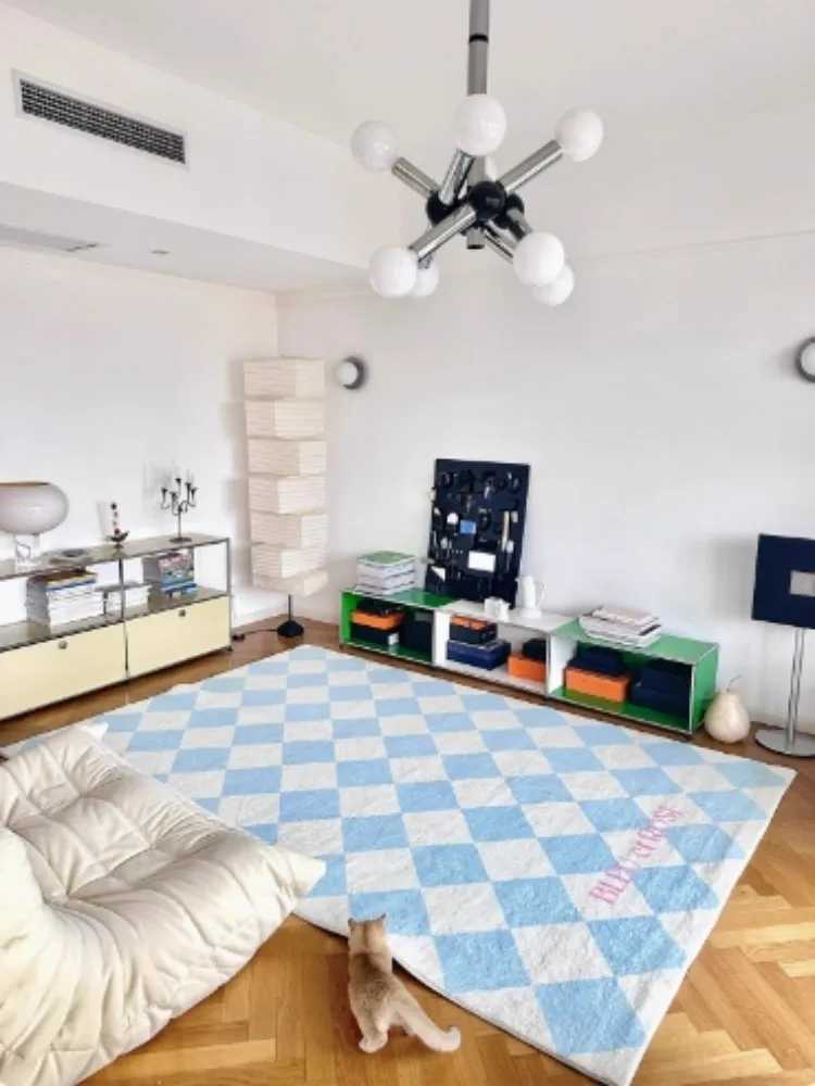 VIKAMA Blue Checkered Carpet Living Room Light Luxury French Bedroom Sofa Floor Mat Furniture Decoration C250913