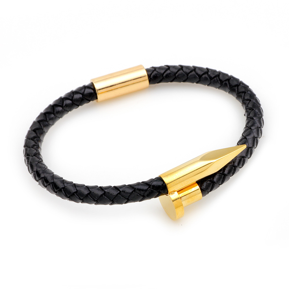Premium Nail Bracelet Woven Cowhide Stainless Bangle Simple Punk Style Titanium Steel Men's Jewelry ddmymoon
