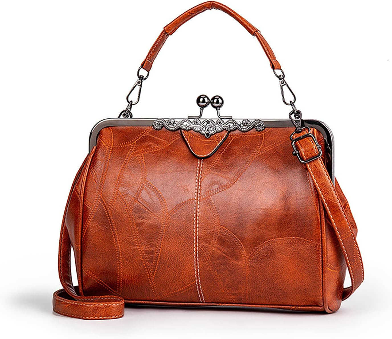 Women Vintage Hollow Handbag Oil Leather Shoulder Crossbody Bag Clutch Satchel Purse with Kiss Lock ClosureW250913