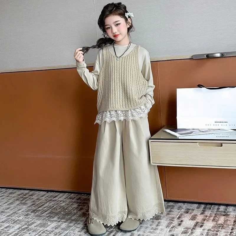 Knitted Vest Lace Top Wideleg Pants Koreanstyle Threepiece Set 3Piece Girlss Sets Girl Long Sleeve Childrens Clothing C250913
