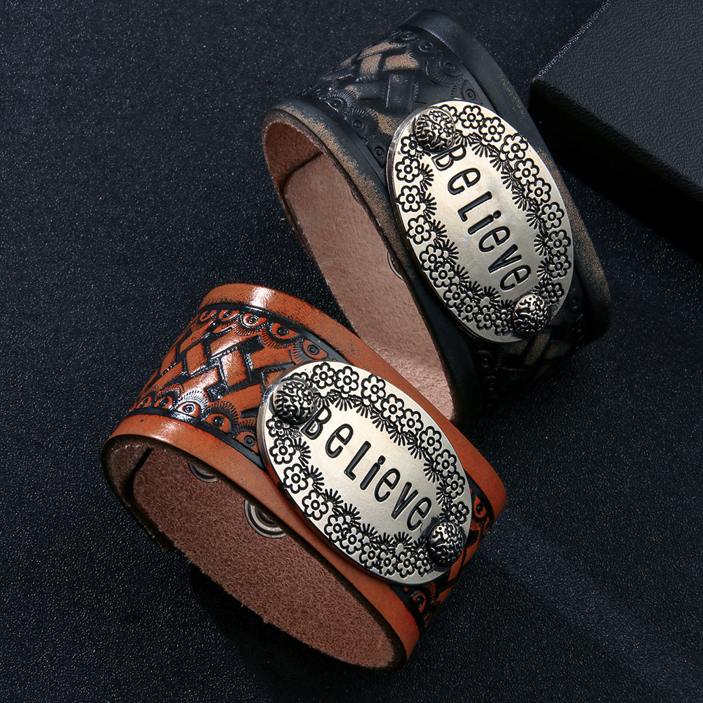 Temu English Alphabet Totem Eming Street Style Fashion Genuine Leather Bracelet for Men with High-end Feel ddmymoon