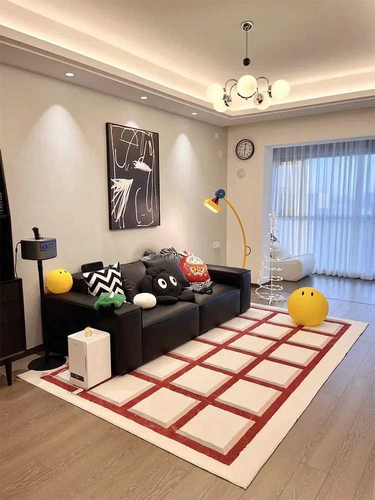 Red White Plaid Carpet Minimalist Pink 3D Checkerboard Rugs Geometric Art Luxury Living Room Carpet Comfortable Soft Bedroom Rug C250913