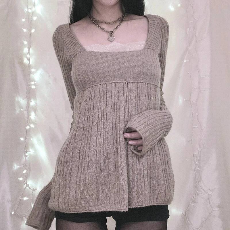 Vintage Babydoll Tops Pullovers Lady Aesthetic Coquette Knit Sweaters Outfit Autumn Square Neck Long Sleeve Knitwear Jumpers Y2k dongdumaoyi