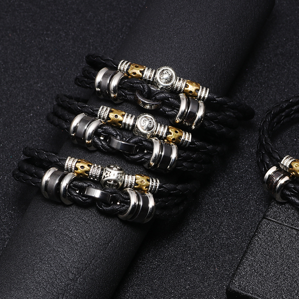 Classic Twee Constellation for Men Stainless Steel Clasp Cowhide Rope Woven Bracelet Black Gallstone CCB ddmymoon