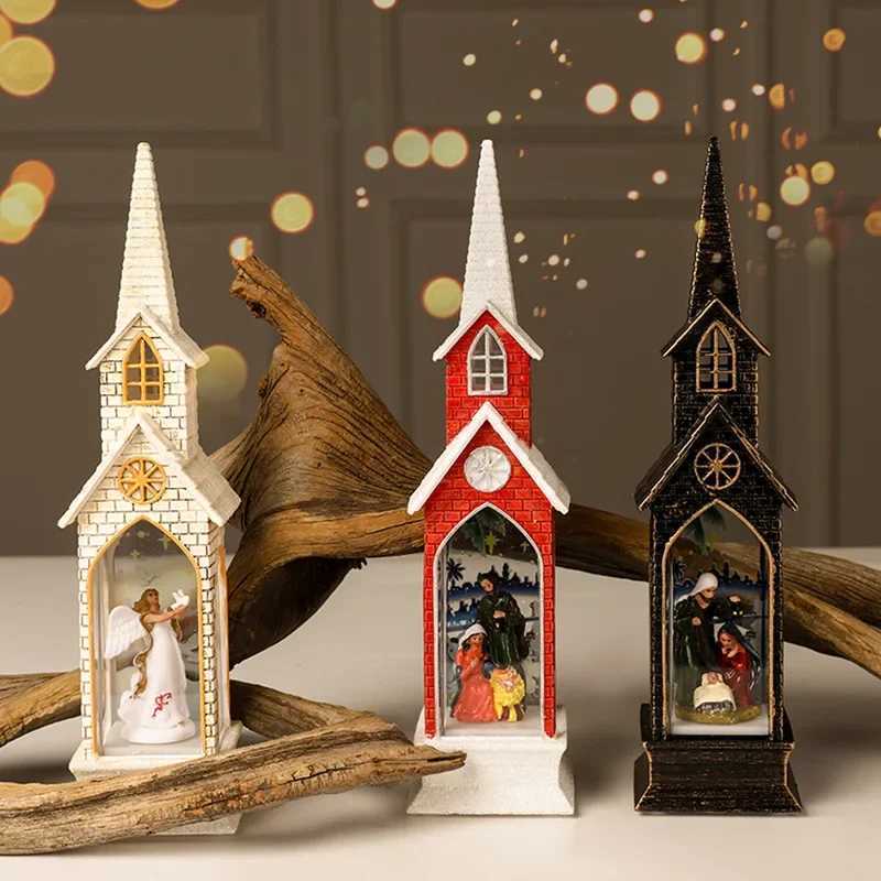 New LED Christmas lighting gliter Jesuit Church shaped small wind lamp tabletop decor angel christmas decorations for home C251122