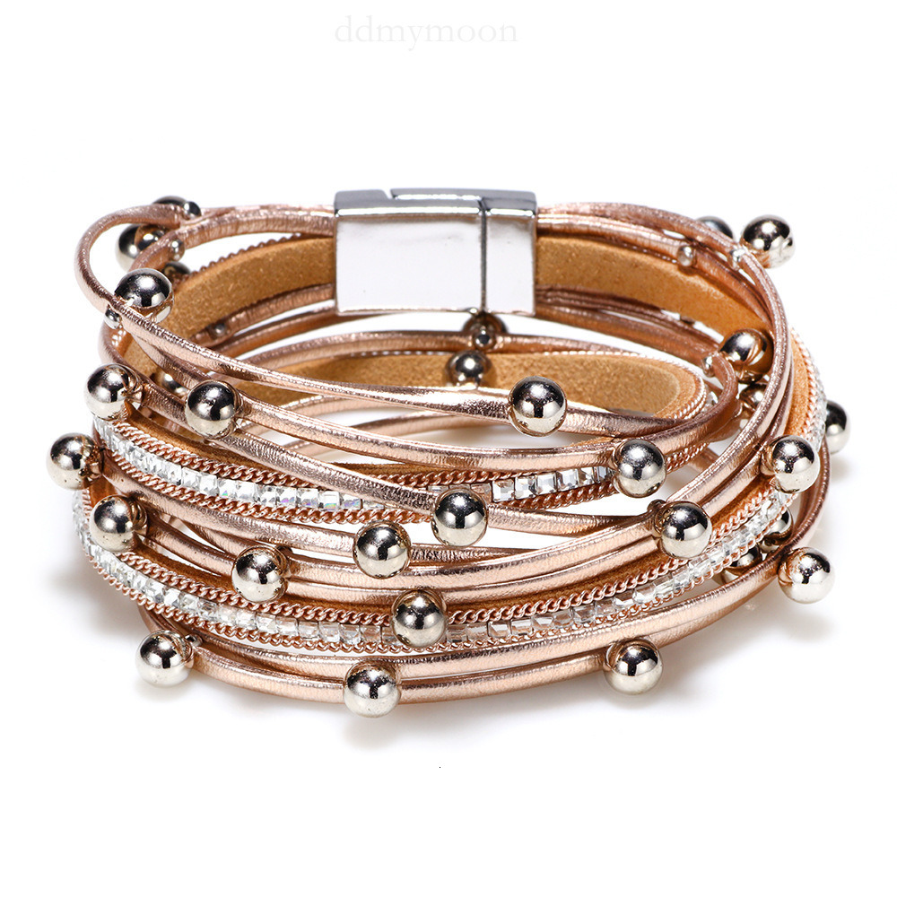 Temu Fashion Leather with Rhinestones and Pearls Multi-layer Wrapped Magnetic Clasp Bracelet Jewelry ddmymoon